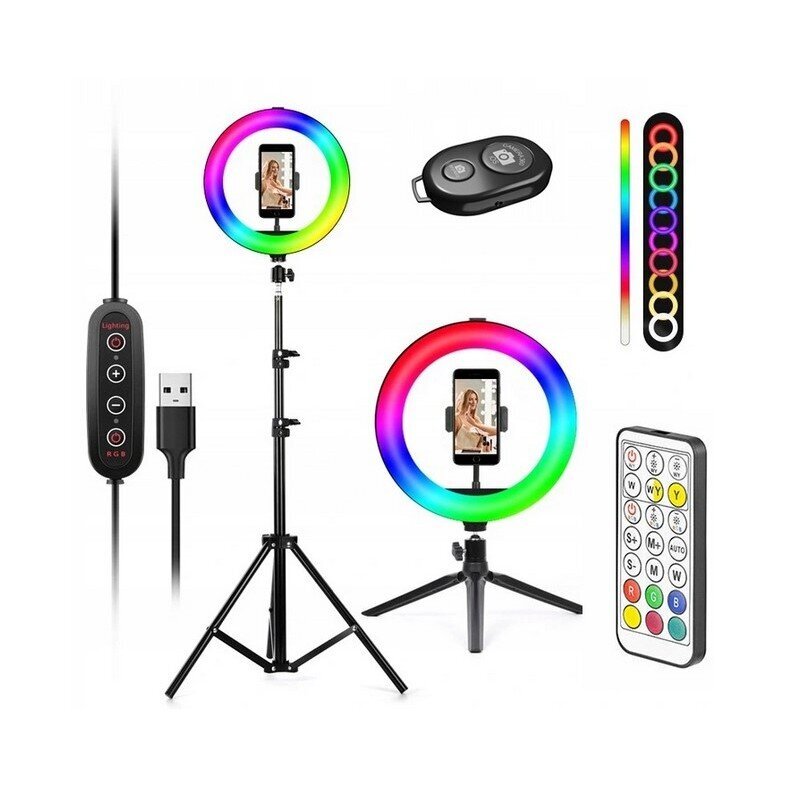 Gredzenveida LED lampa RGB 30 cm ar statīvu un citiem piederumiem cena un informācija | Selfie Sticks | 220.lv