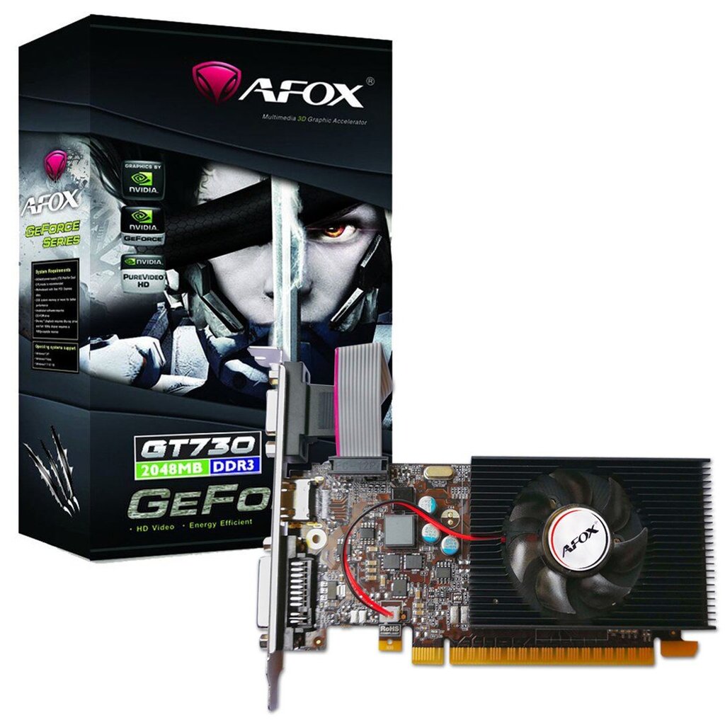 AFOX GeForce GT730 1GB DDR3 64Bit DVI HDMI VGA LP Fan (AF730-1024D3L7-V1) cena un informācija | Videokartes (GPU) | 220.lv