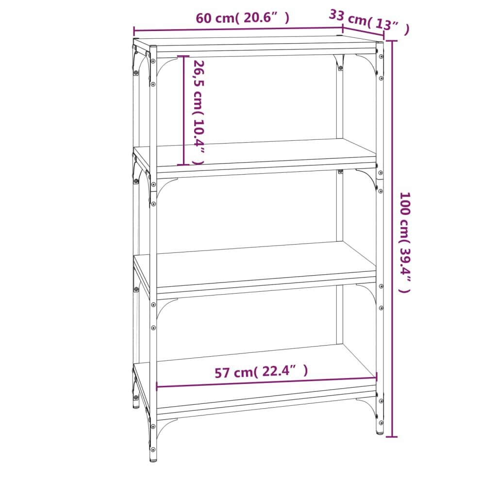 vidaXL grāmatplaukts, pelēks, 60x33x100 cm, inženierijas koks, tērauds cena un informācija | Plaukti | 220.lv