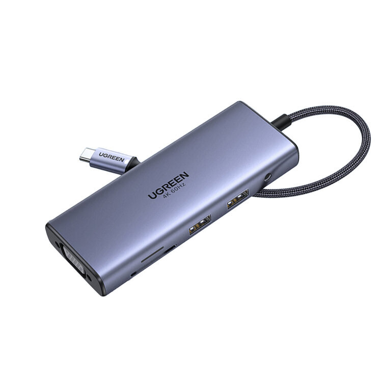 Adapteris UGREEN 50611 CM498 9in1 Type-C Uz HDMI 4K 3USB3.0 SD/TF AUX 3.5mm VGA 1000mbps par HUAWEI Mate40/P50 Samsung S20 цена и информация | Adapteri un USB centrmezgli | 220.lv