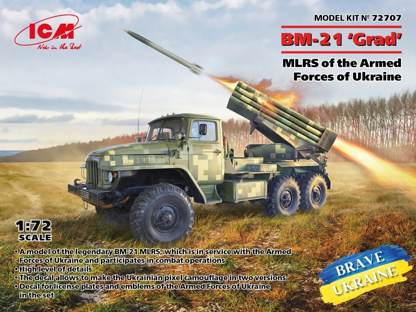 Līmējošais modelis ICM 72707 MLRS of the Armed Forces of Ukraine BM-21 "Grad" 1/72 cena un informācija | Līmējamie modeļi | 220.lv