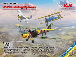 Līmējošais modelis ICM 32039 WWII training biplanes Bücker Bü 131D, DH.82A Tiger Moth, PT-17 1/32 цена и информация | Склеиваемые модели | 220.lv