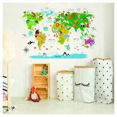 Vinila uzlīme uz sienas, liela un spilgta pasaules karte ar dzīvniekiem, bērnu istabas interjera dekors - 180 x 121 cm cena un informācija | Dekoratīvās uzlīmes | 220.lv