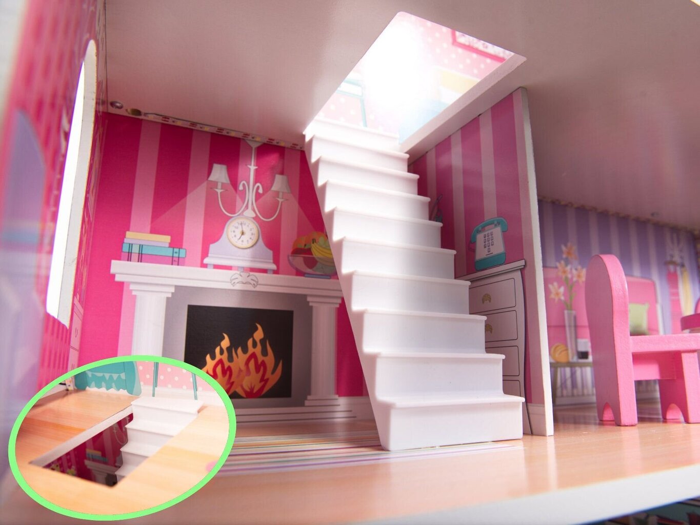 Koka MDF leļļu māja 70 cm ar LED apgaismojumu un mēbelēm cena un informācija | Rotaļlietas meitenēm | 220.lv