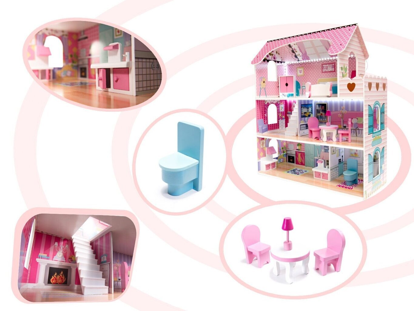 Koka MDF leļļu māja 70 cm ar LED apgaismojumu un mēbelēm цена и информация | Rotaļlietas meitenēm | 220.lv