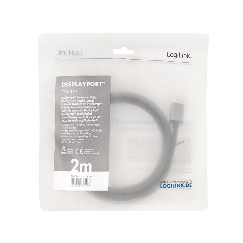 LogiLink DisplayPort kabelis, 4K/60Hz, DP/M līdz DP/M, alumīnijs, 2m цена и информация | Kabeļi un vadi | 220.lv