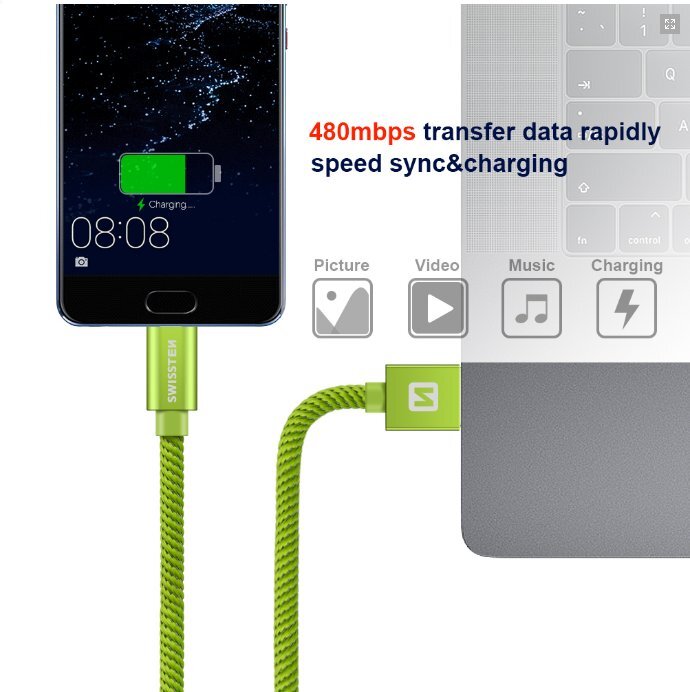 Swissten Textile Universāls Quick Charge 3.1 USB-C Datu un Uzlādes Kabelis 2m Zaļš cena un informācija | Savienotājkabeļi | 220.lv
