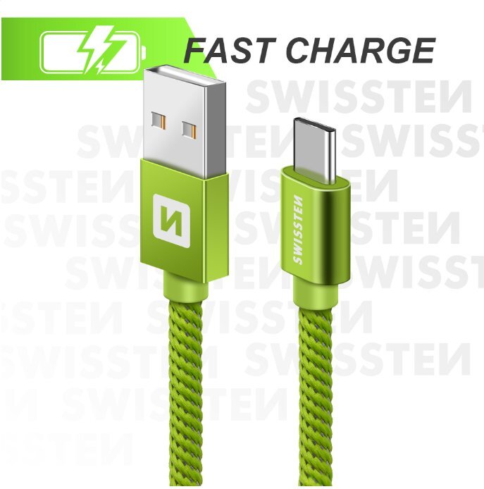 Swissten Textile Universāls Quick Charge 3.1 USB-C Datu un Uzlādes Kabelis 2m Zaļš cena un informācija | Savienotājkabeļi | 220.lv