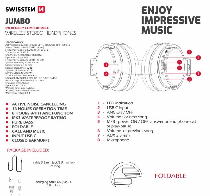 Swissten Jumbo ANC Stereo Bluetooth Bezvadu Austiņas cena un informācija | Austiņas | 220.lv