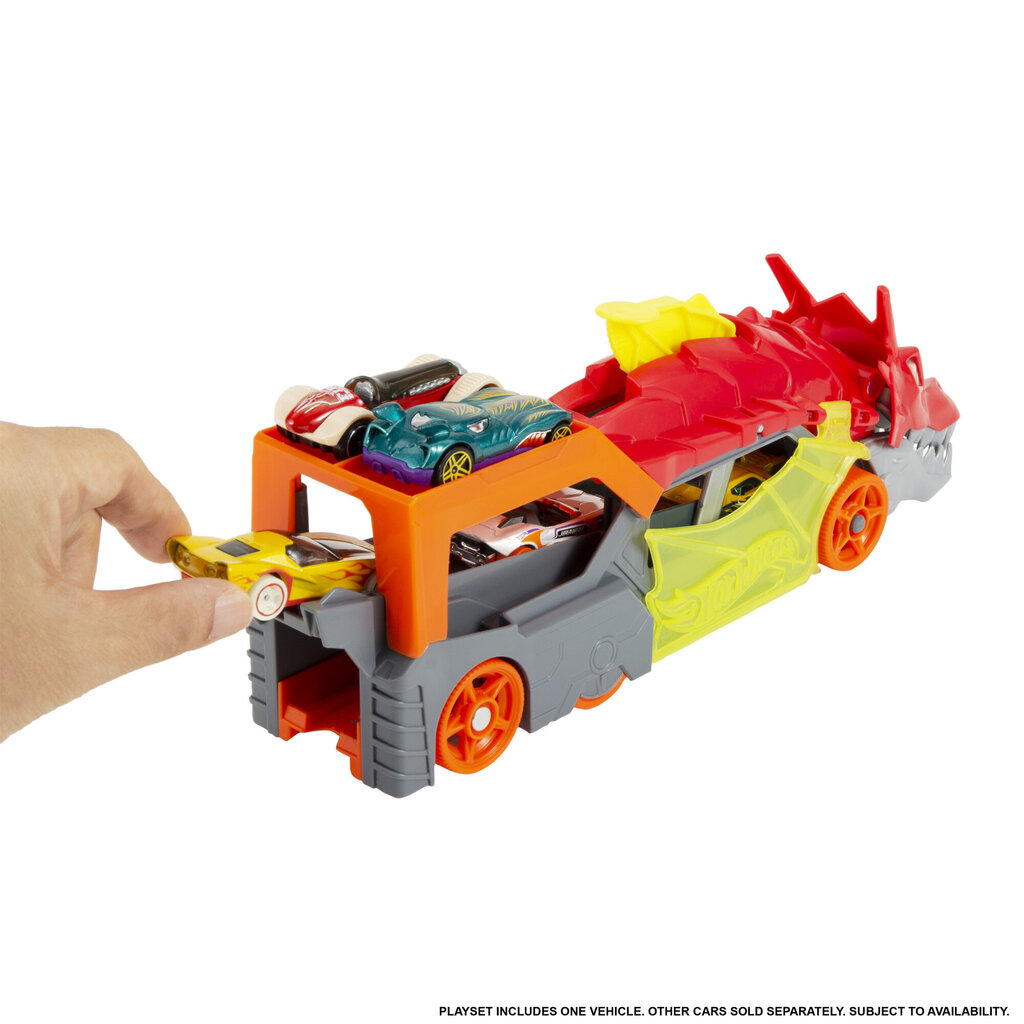 Hot Wheels Angry Dragon kravas automašīna ar GTK42 automašīnu glabātuvi cena un informācija | Rotaļlietas zēniem | 220.lv