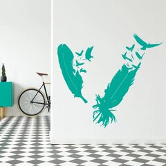 Tirkīza vinila sienas uzlīme ar lielām spalvām un putniem interjera dekors - 100 x 91 cm cena un informācija | Dekoratīvās uzlīmes | 220.lv