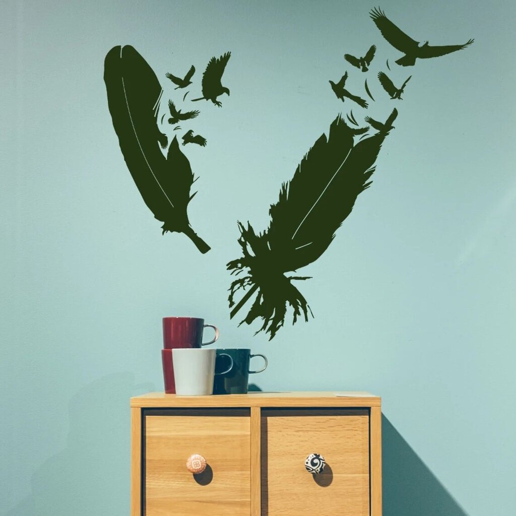 Zaļa vinila sienas uzlīme ar lielām spalvām un putniem interjera dekors - 100 x 91 cm cena un informācija | Dekoratīvās uzlīmes | 220.lv