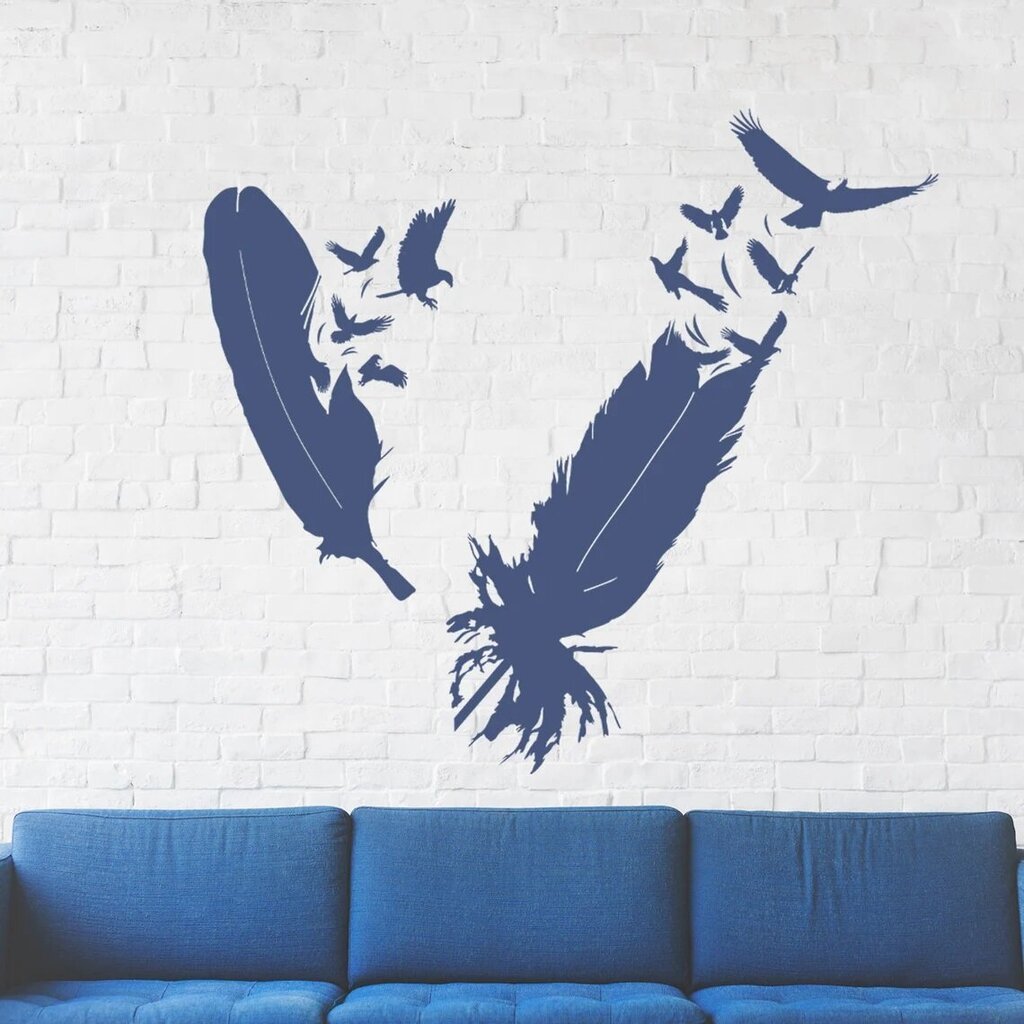 Zila vinila sienas uzlīme ar lielām spalvām un putniem interjera dekors - 100 x 91 cm cena un informācija | Dekoratīvās uzlīmes | 220.lv