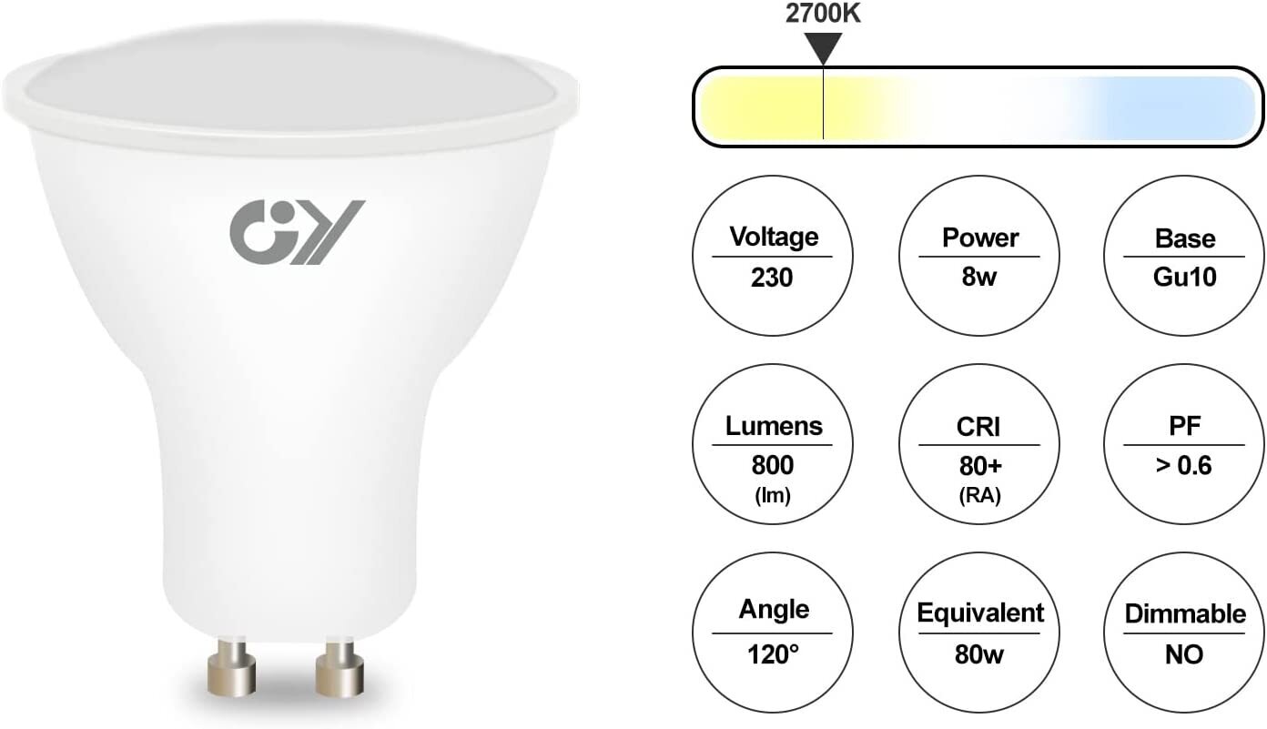 GY GU10 LED spuldzes, 8 W, 800 lūmeni, 2700 K, stara leņķis 120°, 12 gab. cena un informācija | Spuldzes | 220.lv