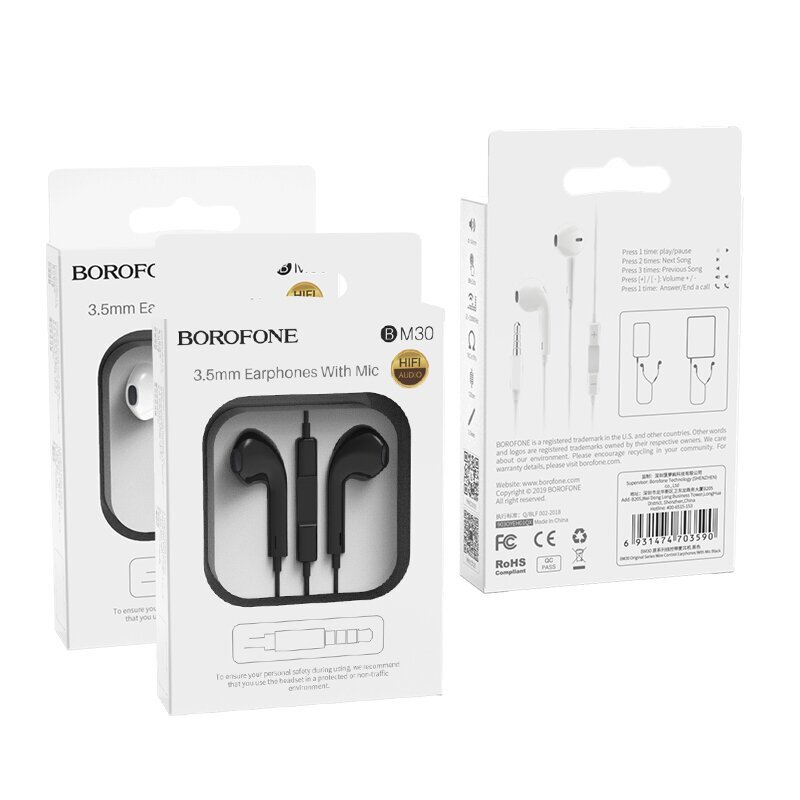 Borofone Earphones BM30 Original Series with microphone white цена и информация | Austiņas | 220.lv