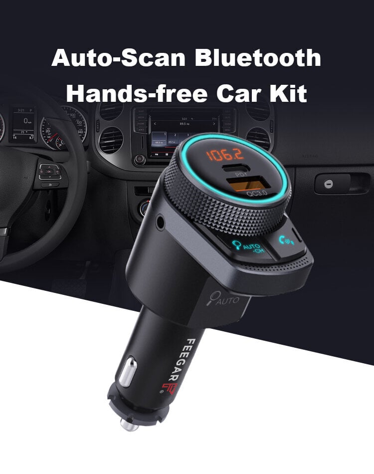 Feegar Q300 PRO FM modulators Bluetooth Stereo AUX automātiskās meklēšanas raidītājs BT 5.1 QC 3.0 PD microSD MP3 USB-C 12-24V lādētājs 38W HD mikrofons цена и информация | FM Modulatori | 220.lv