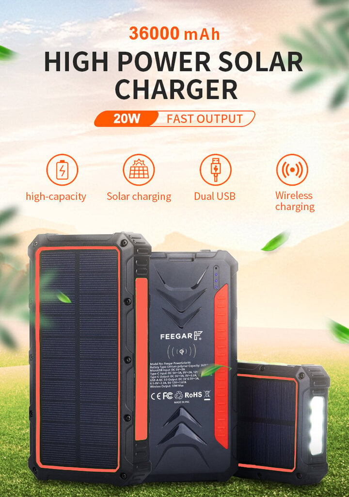 Power Bank Feegar 36000mah 20W 4x USB-C QI Solar Power Bank cena un informācija | Lādētāji-akumulatori (Power bank) | 220.lv