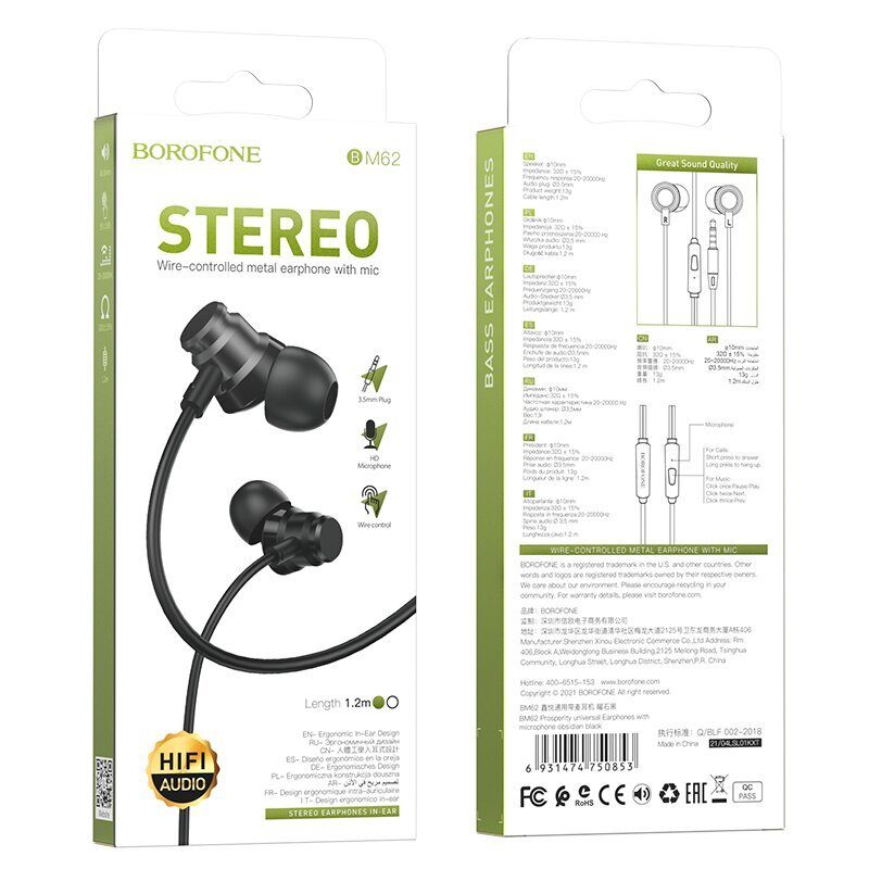 Borofone Earphones BM62 Prosperity with microphone black cena un informācija | Austiņas | 220.lv