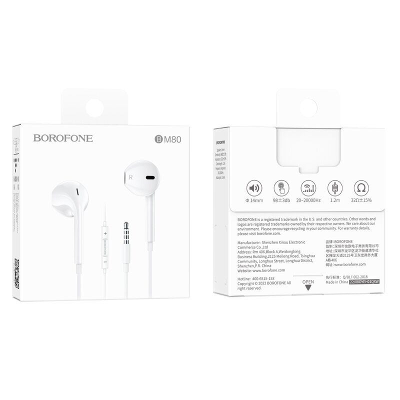 Borofone Earphones BM80 Magnificent with microphone white cena un informācija | Austiņas | 220.lv