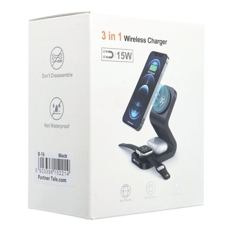 3in1 MagSafe Bezvadu lādētājs B16 iPhone + Apple Watch + AirPods (15W) - Melns цена и информация | Lādētāji un adapteri | 220.lv