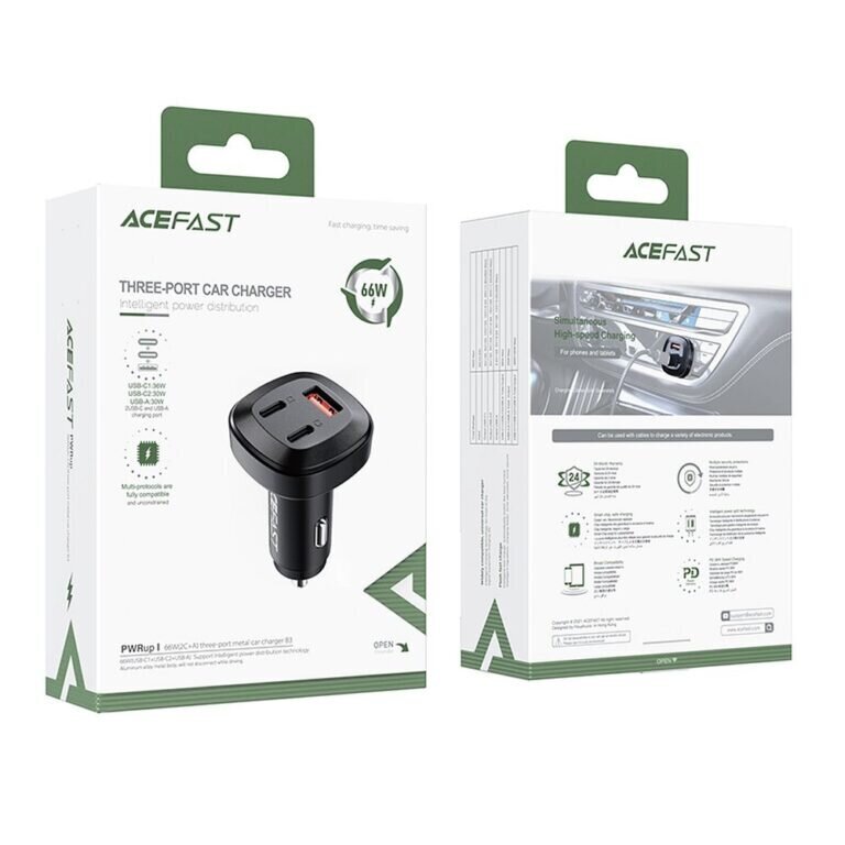 Auto lādētājs ACEFAST USB-A + 2x USB-C QC4.0 PD66W PPS AFC FCP cena un informācija | Lādētāji un adapteri | 220.lv