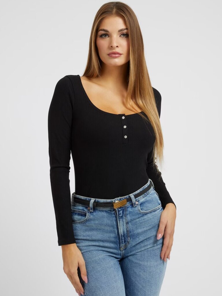 GUESS JEANS Karlee Jewel Btn Henley Jet Black 563934800 cena un informācija | T-krekli sievietēm | 220.lv