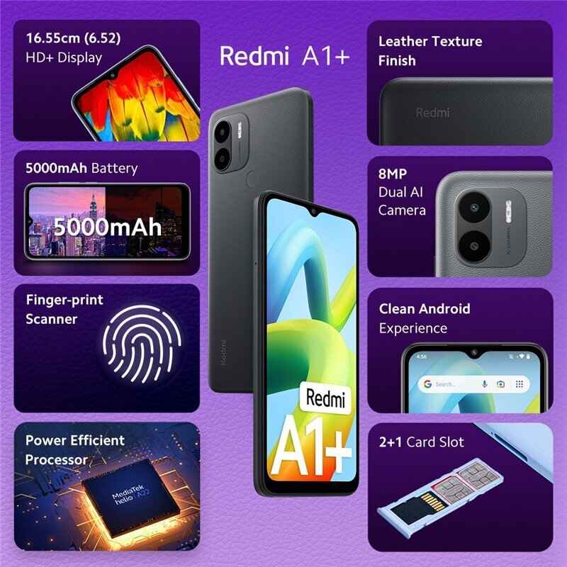 Xiaomi Redmi A1+, 32GB, Dual SIM Black cena un informācija | Mobilie telefoni | 220.lv
