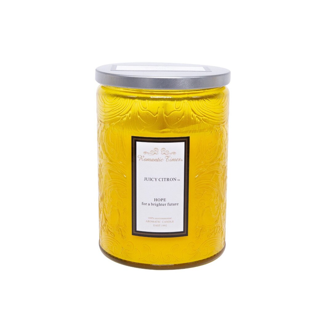 Svece stikla burkā ROMANTIC TIMES, D8xH11cm, ar vāku, dzeltena, (smarža- ar citronu smarža) cena un informācija | Sveces un svečturi | 220.lv