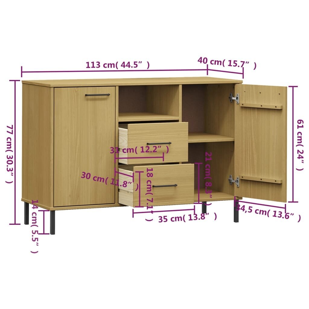 vidaXL kumode ar metāla kājām OSLO, brūna, 113x40x77 cm, koks cena un informācija | Skapīši viesistabai | 220.lv