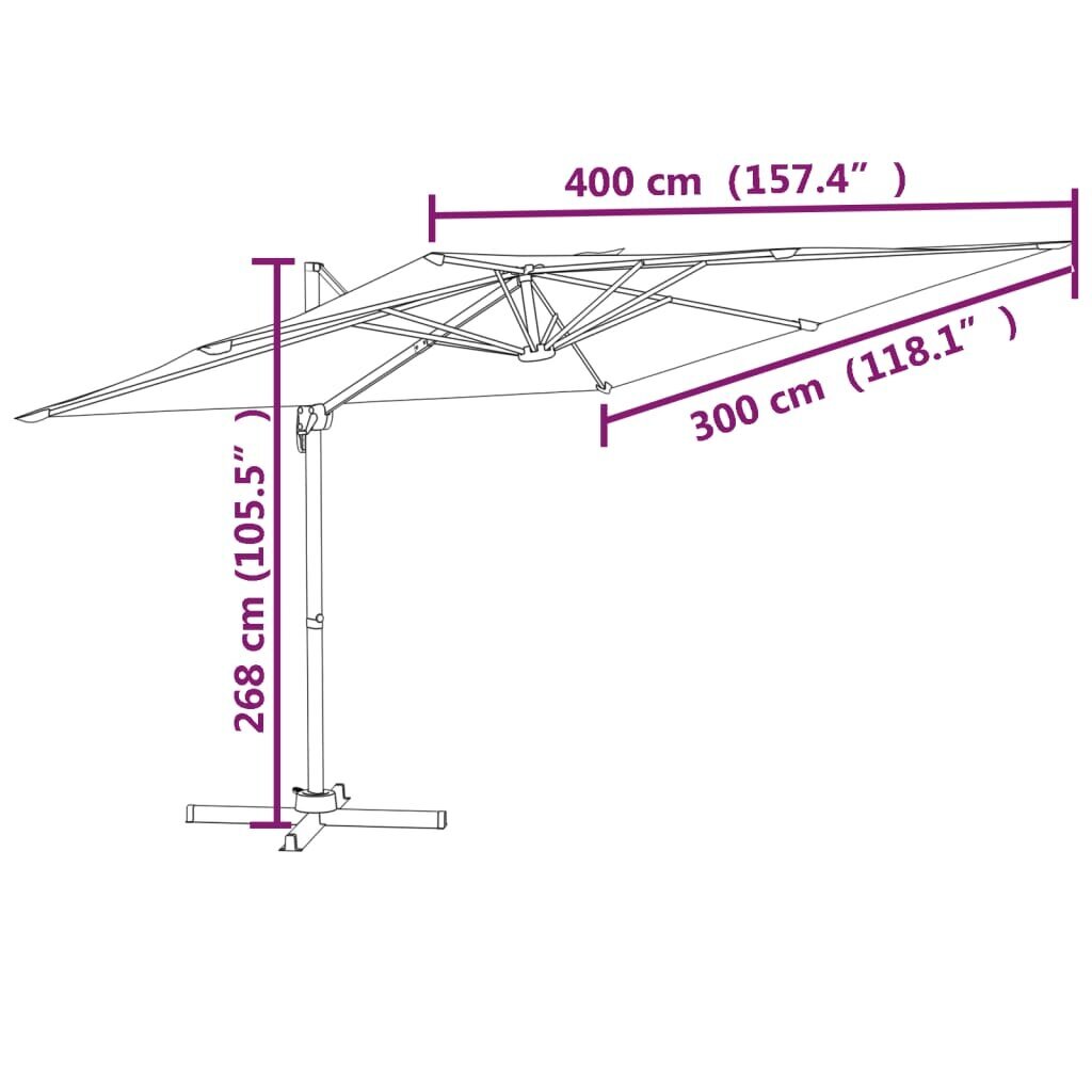 vidaXL LED dārza saulessargs, 400x300 cm, smilšu balts цена и информация | Saulessargi, markīzes un statīvi | 220.lv