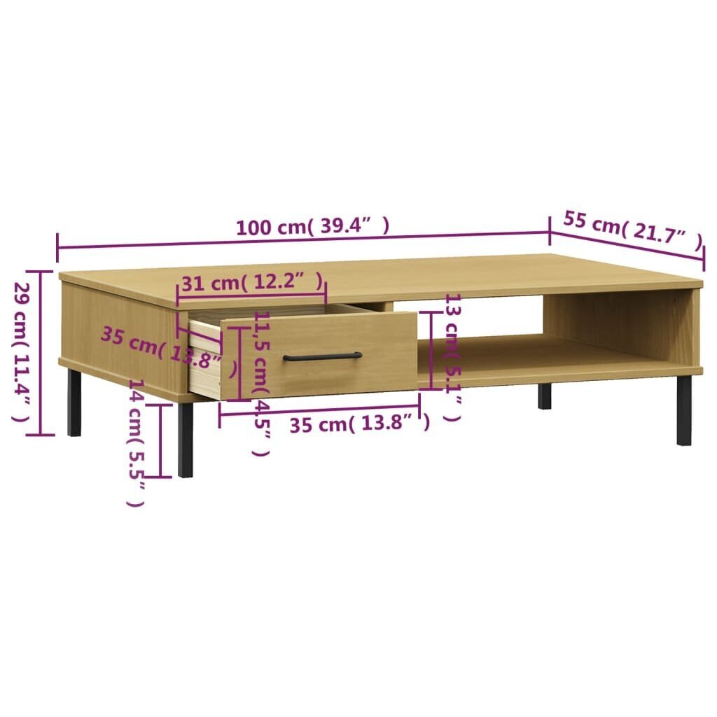 vidaXL kafijas galdiņš ar metāla kājām OSLO, brūns, priedes masīvkoks cena un informācija | Žurnālgaldiņi | 220.lv
