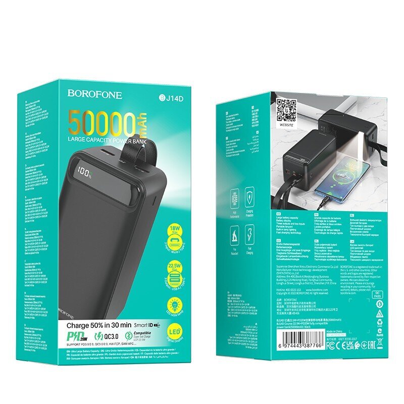 Ārējais-akumulators Power Bank Borofone BJ14D Course 22.5W+PD20W 50000mAh melns cena un informācija | Lādētāji-akumulatori (Power bank) | 220.lv