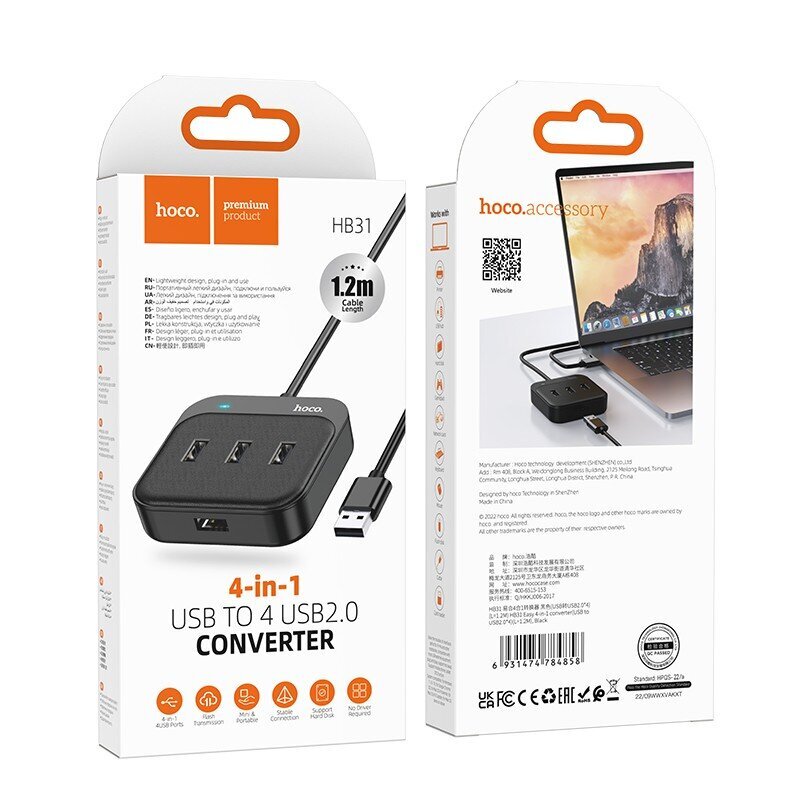 USB centrmezgls Hoco HB31 Easy 4-in-1 converter USB-4xUSB2.0 melns cena un informācija | Adapteri un USB centrmezgli | 220.lv
