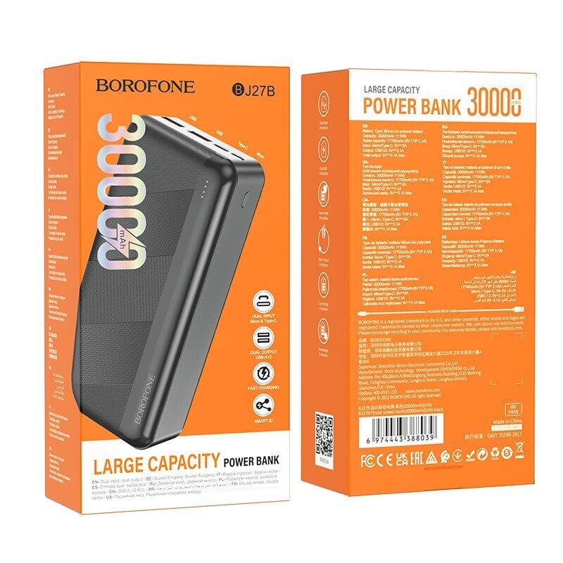 Ārējais-akumulators Power Bank Borofone BJ27B 2xUSB 30000mAh melns cena un informācija | Lādētāji-akumulatori (Power bank) | 220.lv