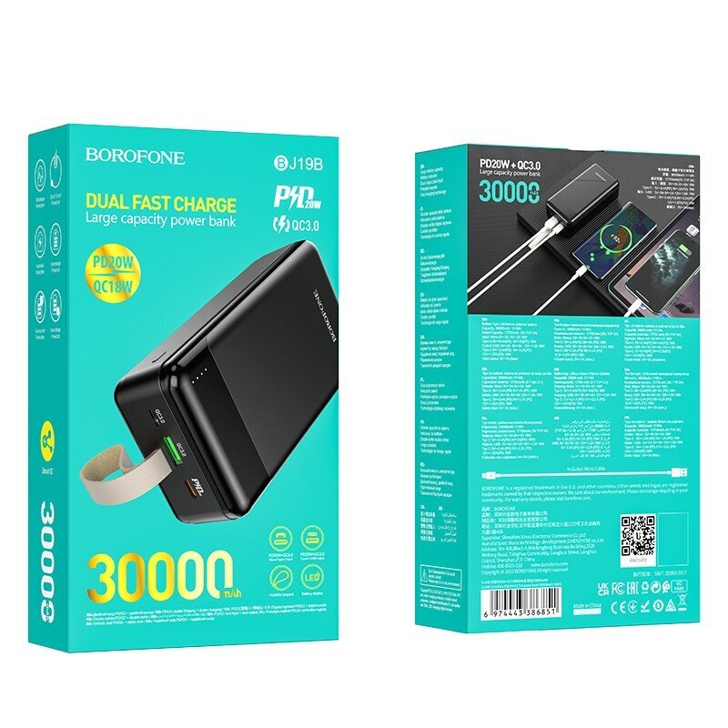 Ārējais-akumulators Power Bank Borofone BJ19B PD20W+QC3.0 30000mAh melns cena un informācija | Lādētāji-akumulatori (Power bank) | 220.lv