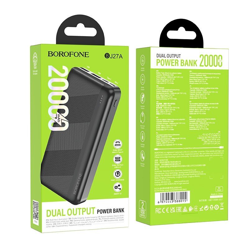 Ārējais-akumulators Power Bank Borofone BJ27A 2xUSB 20000mAh melns cena un informācija | Lādētāji-akumulatori (Power bank) | 220.lv