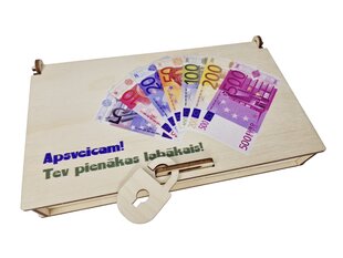 Krāsaina koka kastīte ar banknošu attēlu uz vāka un uzrakstu “Apsveicam! Tev pienākas labākais!” cena un informācija | Citas oriģinālas dāvanas | 220.lv