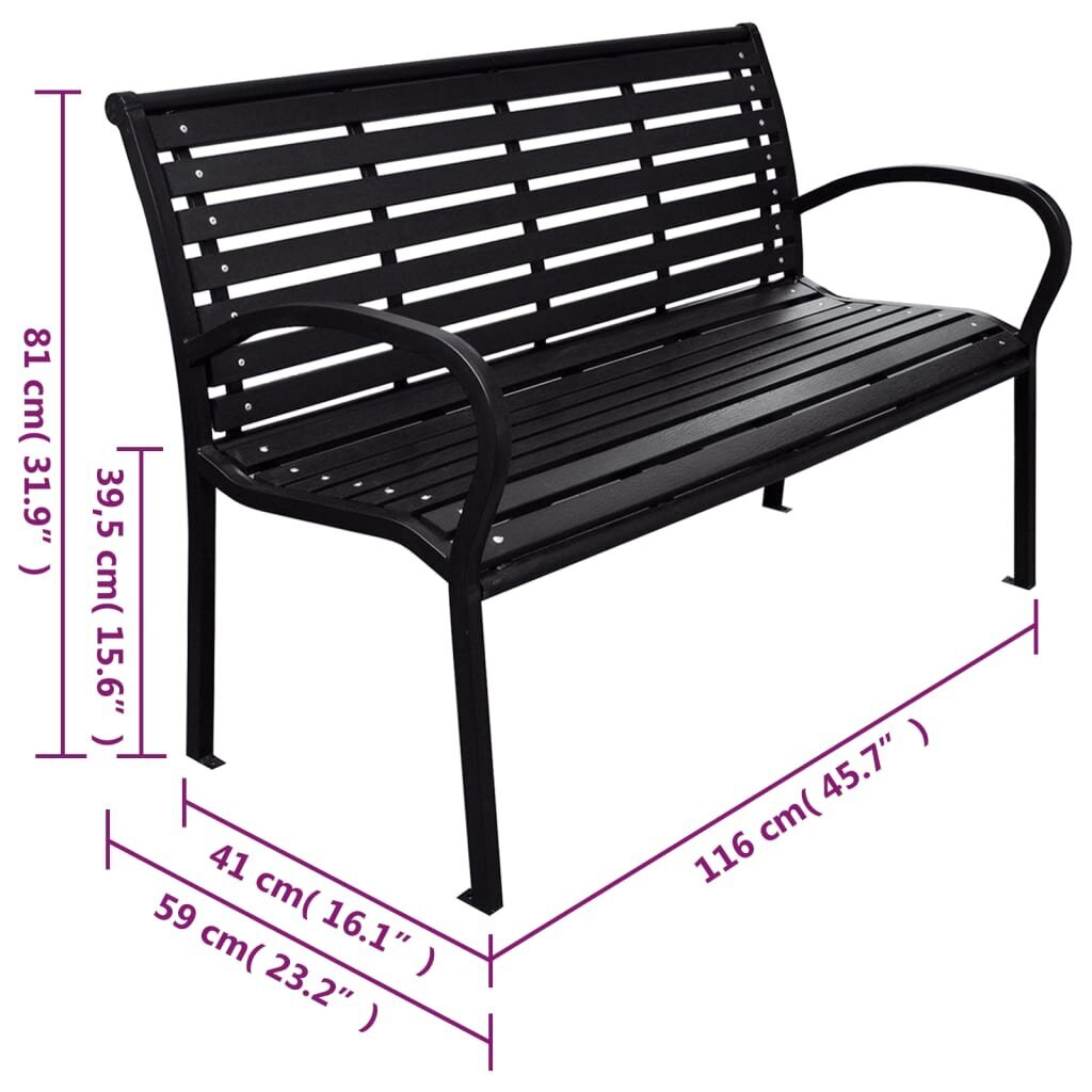 vidaXL dārza sols, melns, 116 cm, tērauds un WPC cena un informācija | Dārza soli | 220.lv