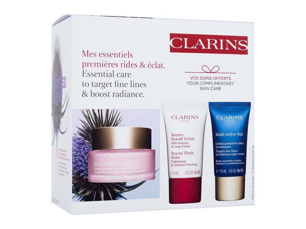 Sejas ādas kopšanas komplekts Clarins: dienas krēms Multi-Active, 50 ml + nakts krēms Multi-Active, 15 ml + sejas balzāms Beauty Flash, 15 ml cena un informācija | Sejas krēmi | 220.lv