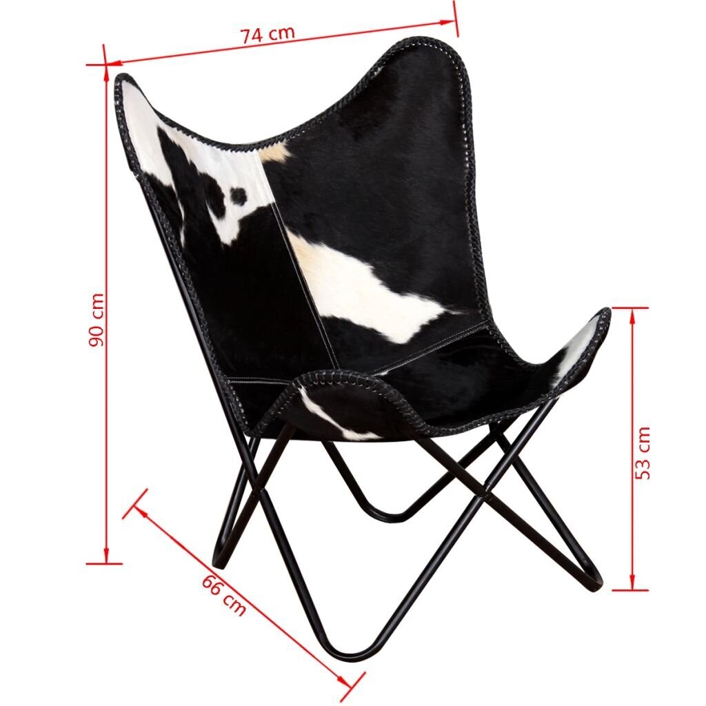 vidaXL tauriņa formas krēsls, melns un balts, dabīga govs āda cena un informācija | Atpūtas krēsli | 220.lv