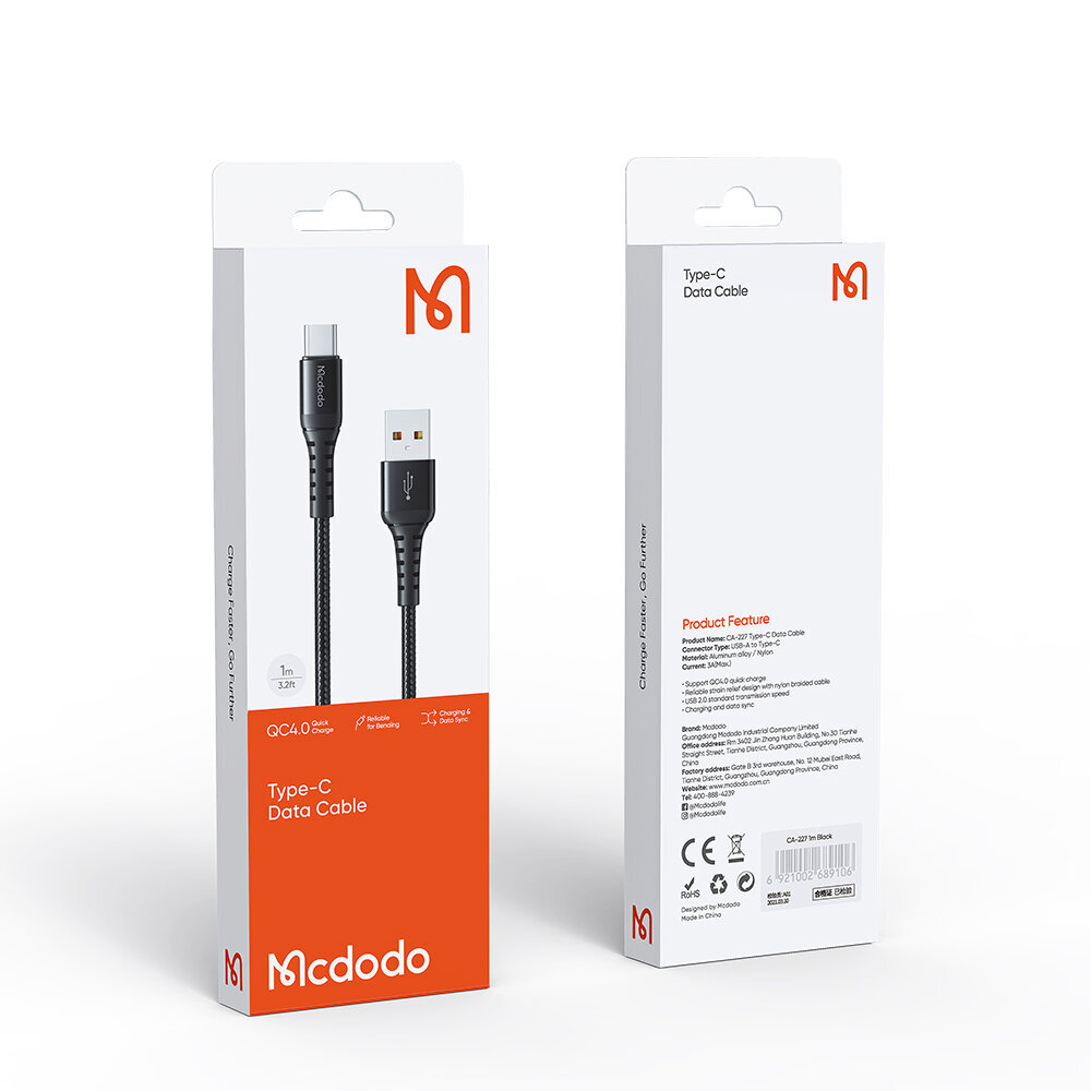 USB-C kabelis, ātrs, izturīgs, QC 4.0, 1 m, Mcdodo cena un informācija | Savienotājkabeļi | 220.lv