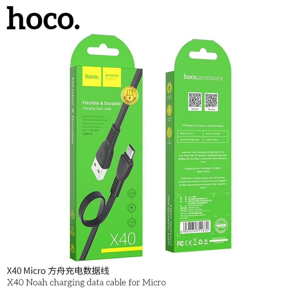 Hoco Noah lādēšanas/data kabelis priekš Micro X40 1 metrs melns цена и информация | Savienotājkabeļi | 220.lv