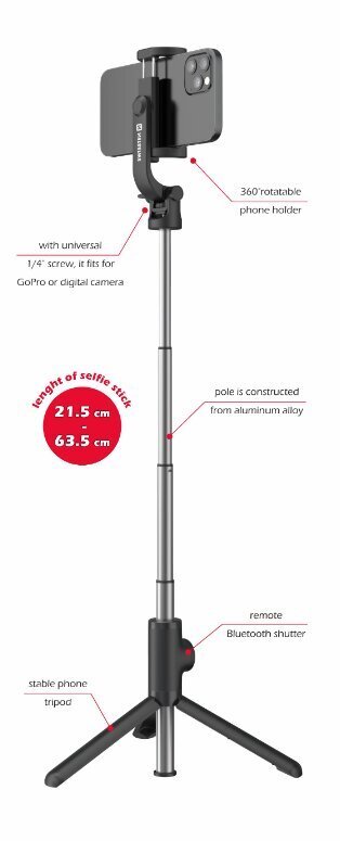 Swissten Bluetooth Selfie Stick Aluminum Tripod For Mobile Phones and GoPro With Remote Control cena un informācija | Selfie Sticks | 220.lv