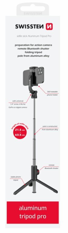 Swissten Bluetooth Selfie Stick Aluminum Tripod For Mobile Phones and GoPro With Remote Control cena un informācija | Selfie Sticks | 220.lv