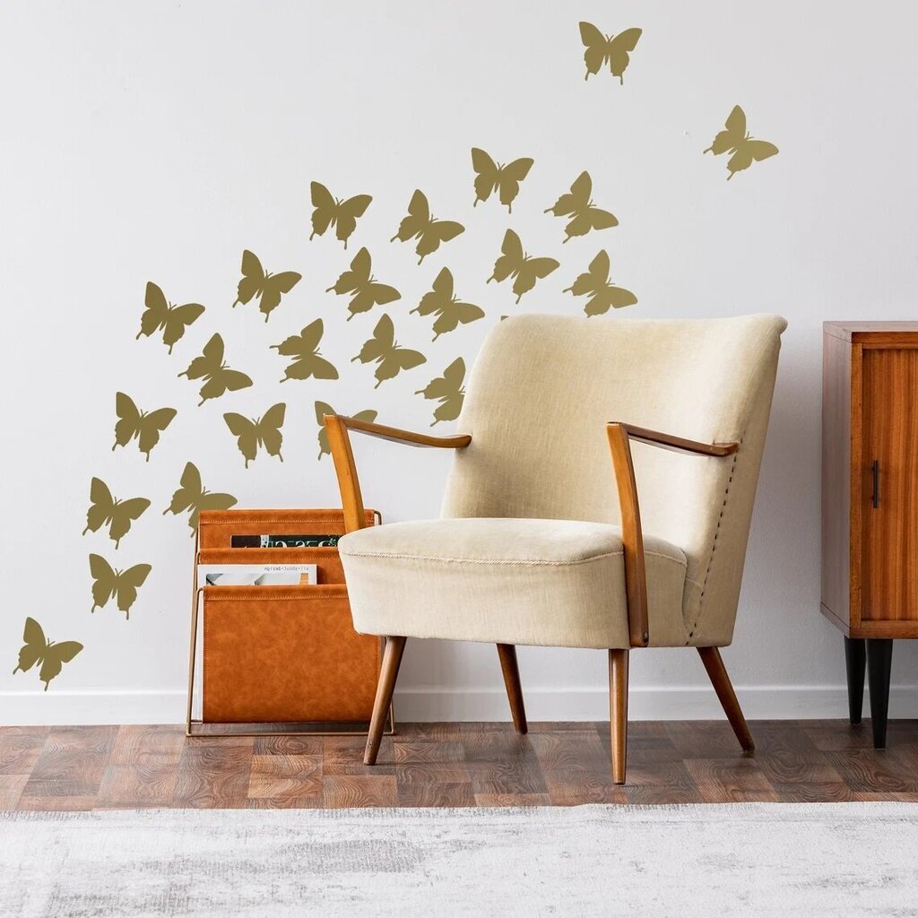 Vinila sienas uzlīme Golden Butterflies Interjera dekors - 24 gab. цена и информация | Dekoratīvās uzlīmes | 220.lv