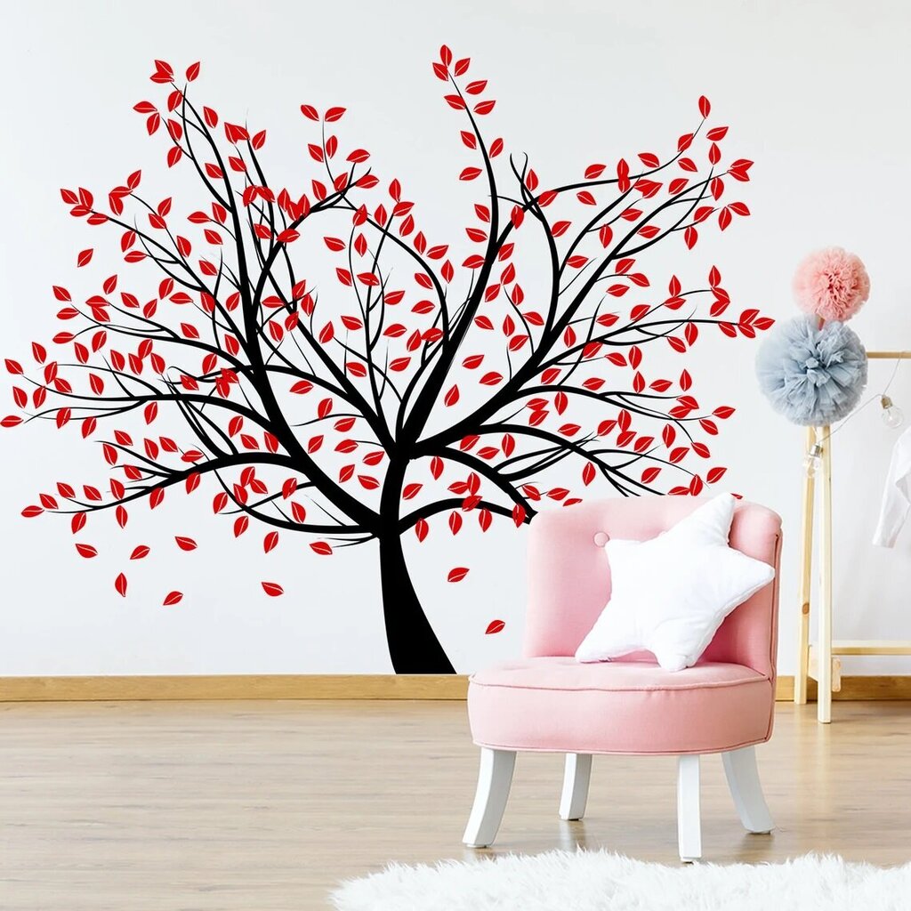 Vinila sienas uzlīmes koks ar sarkanām lapām botāniskais interjera dekors - 180 x 147 cm cena un informācija | Dekoratīvās uzlīmes | 220.lv