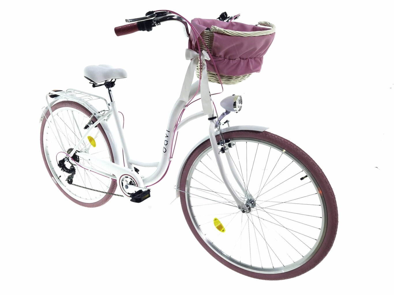 Sieviešu velosipēds Davi Emma, 7 ātrumu Shimano ātruma pārslēdzējs, 160-185 cm augumam, 28" alumīnija rati, klūgas grozs, Balts/rozā cena un informācija | Velosipēdi | 220.lv