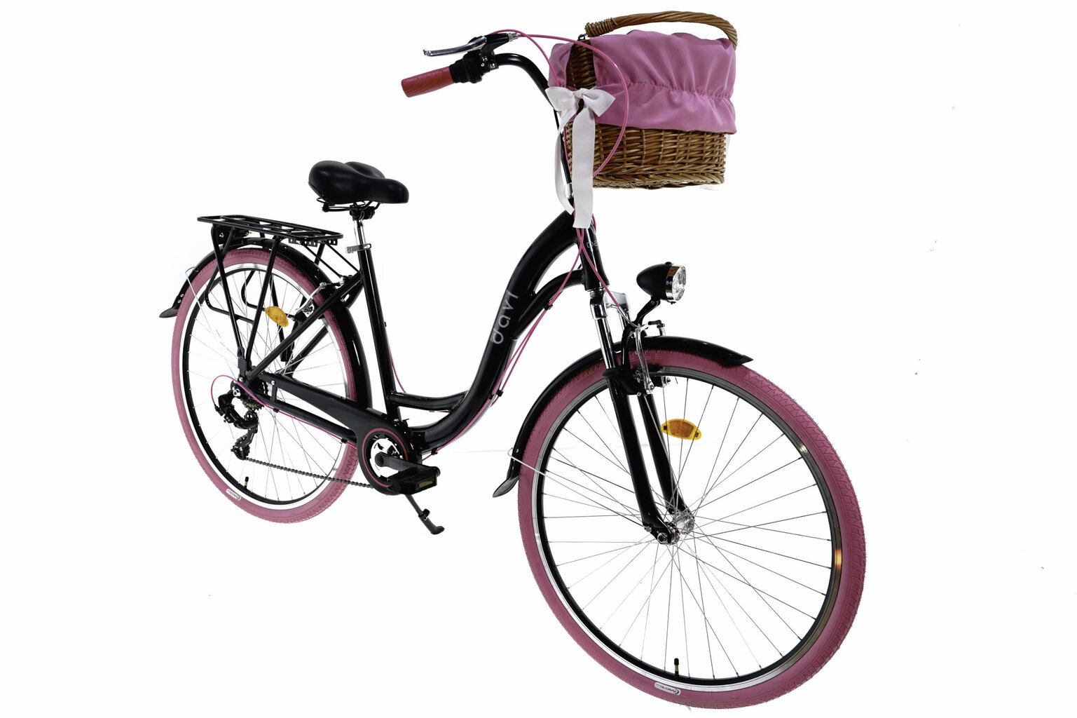 Sieviešu velosipēds Davi Maria, alumīnija rāmis, ar amortizatoru, 7 ātrumu Shimano ātruma pārslēdzējs, 160-185 cm augumam, 28" alumīnija rati, klūgas grozs, Melns/rozā cena un informācija | Velosipēdi | 220.lv
