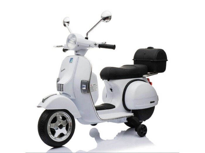 Skūteris Vespa 12v, ādas sēdeklis, gumijas EVA riepas, balts цена и информация | Bērnu elektroauto | 220.lv