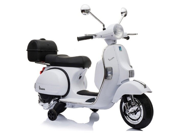 Skūteris Vespa 12v, ādas sēdeklis, gumijas EVA riepas, balts цена и информация | Bērnu elektroauto | 220.lv